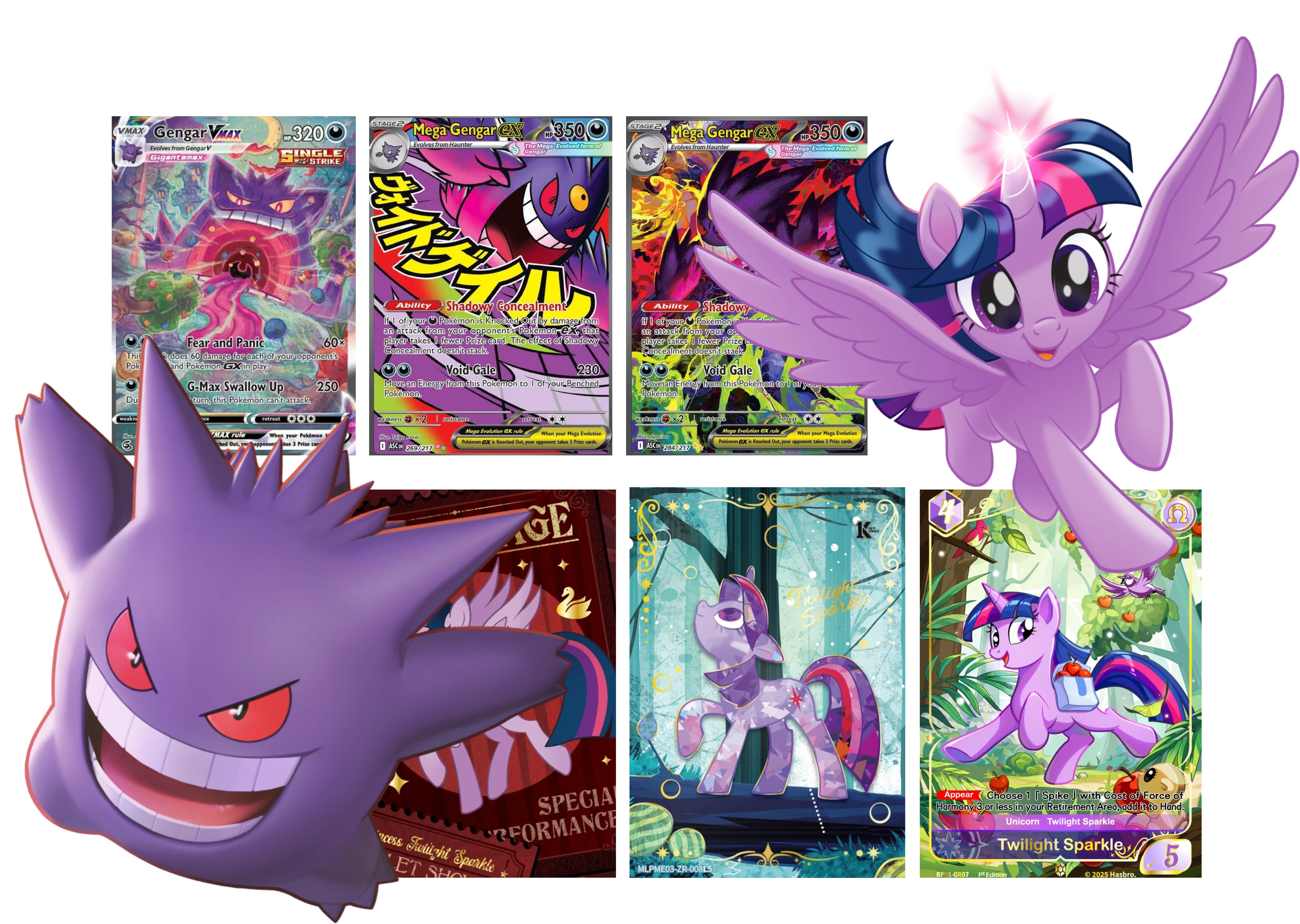 Cartas Pokémon TCG (Gengar VMAX, Mega Gengar ex) y cartas Kayou MLP de Twilight Sparkle, parte de la colección de Blade Cards